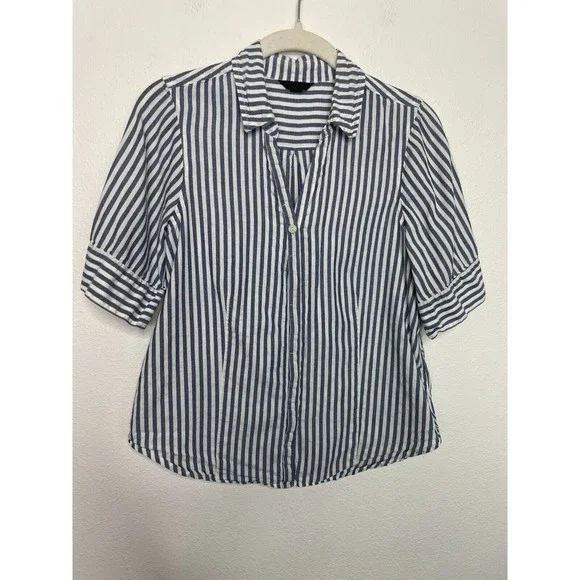 J.Crew XS Chambray Stripe Button Up Shirt Short Sleeve V-Neck Cotton Classicore - Picture 5 of 15